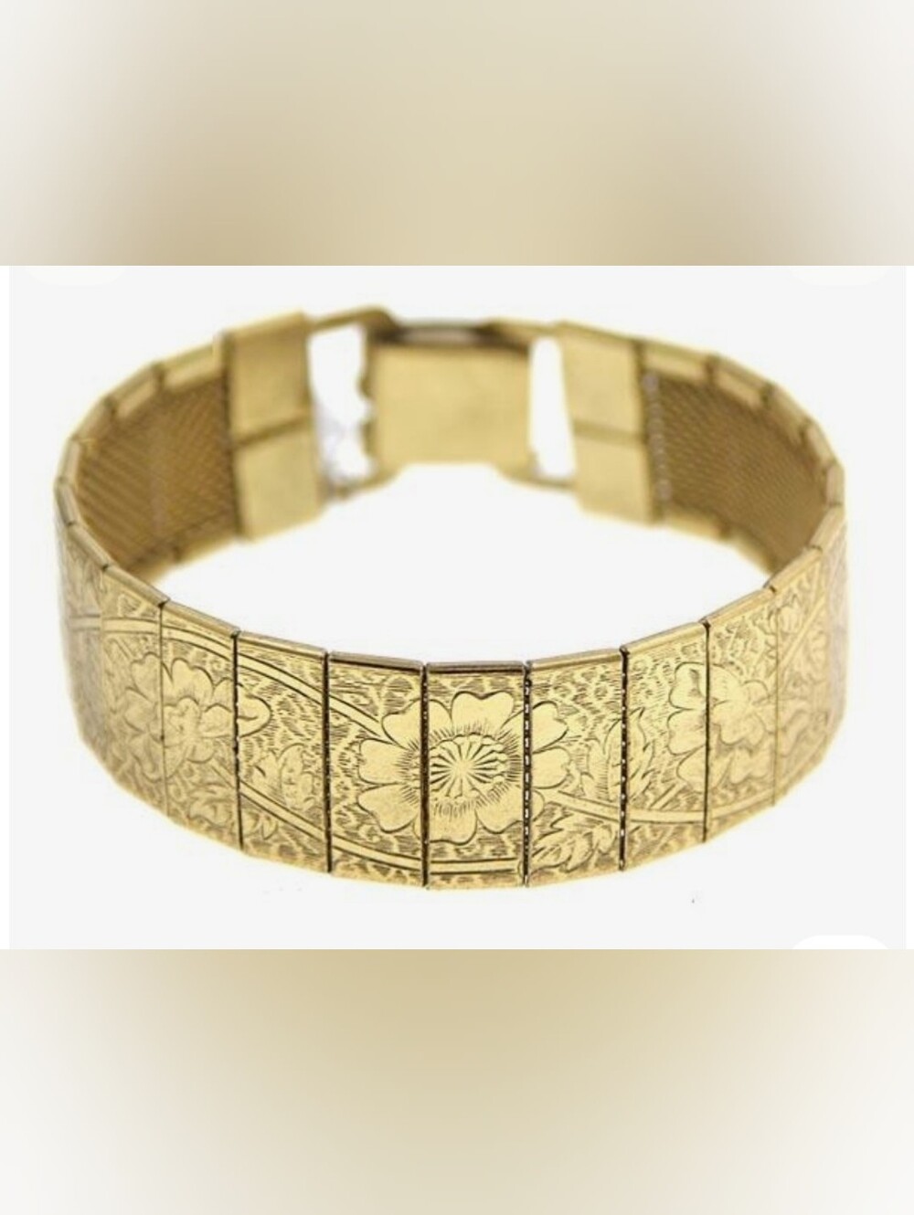 Vintage Gold-Tone Engraved Floral Panel Bracelet Sarah Coventry 1970s